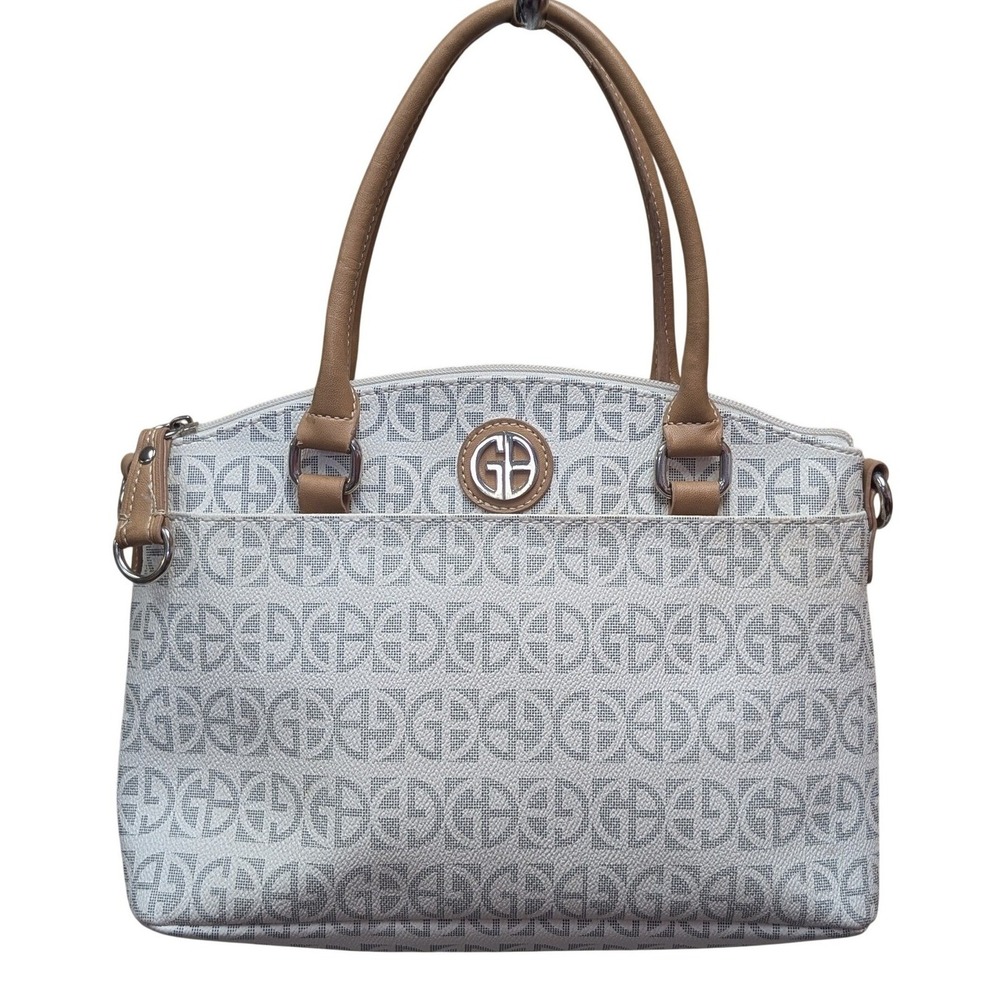 Giani Bernini Block Signature Dome Satchel White Tan Monogram Logo Faux Leather